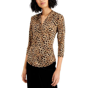Charter Club Women's Size Large Leopard-Print V-Neck Jersey Top NWT